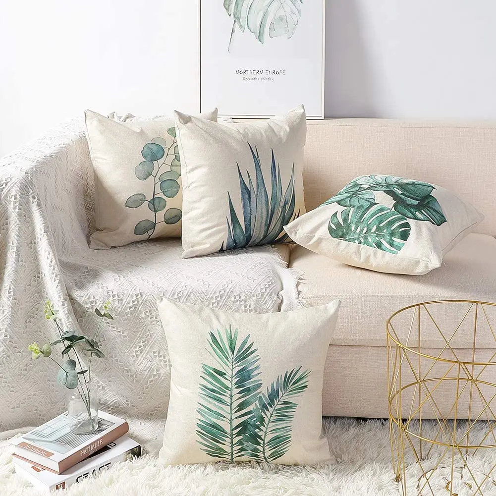 green plant leaf linen cushion cover trim, pillowcase home decor, suitable for sofa, car, bedroom 40x40 45x45 50x50 60x60