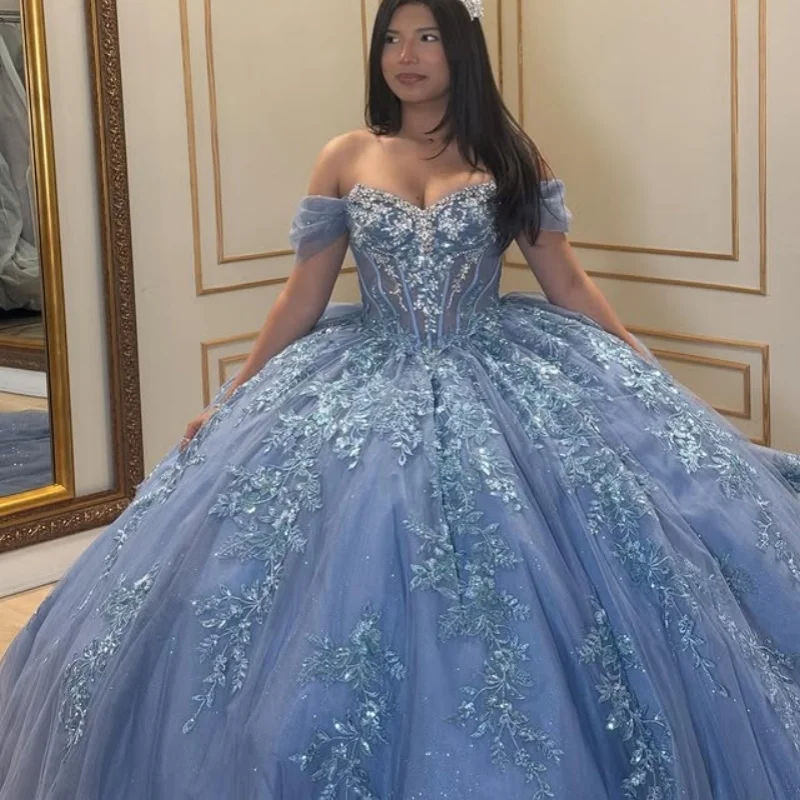 

Dark blue Quinceanera Dress off-shoulder Lace layering glitter flower decal tail Bow vestidos de 15 Quinceanera ﻿Customize