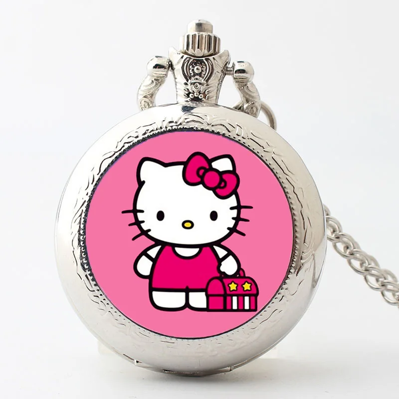 Hello Kitty Pocket Watch Sanrio Cartoon Necklace Watch Hanging Neck Open The Clock Turning Men and Women Cute Simple Jewelry