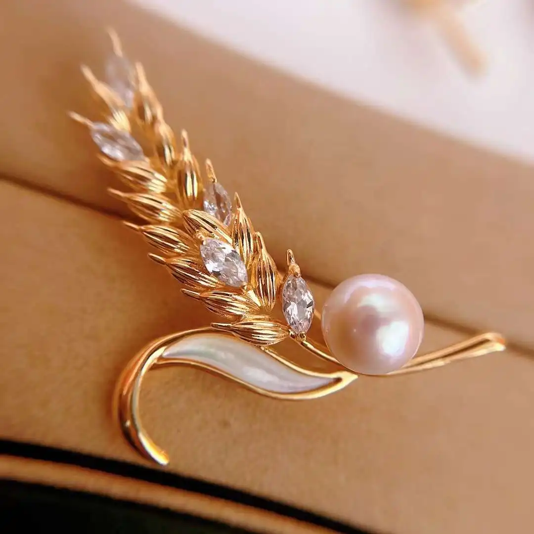 N Explosive 18K Gold Plated Wheat Ear Brooch With 10-11MM Round And Slightly Flawed Natural Edison Pearl Brooch