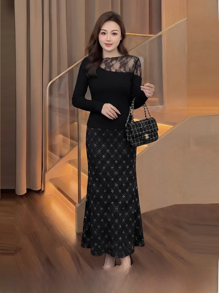 

Spring Early Knitted Lace Embroidery Oversize Women's Faion Set with Slant oulder High Waist A-Line Skirt And Long Sve...