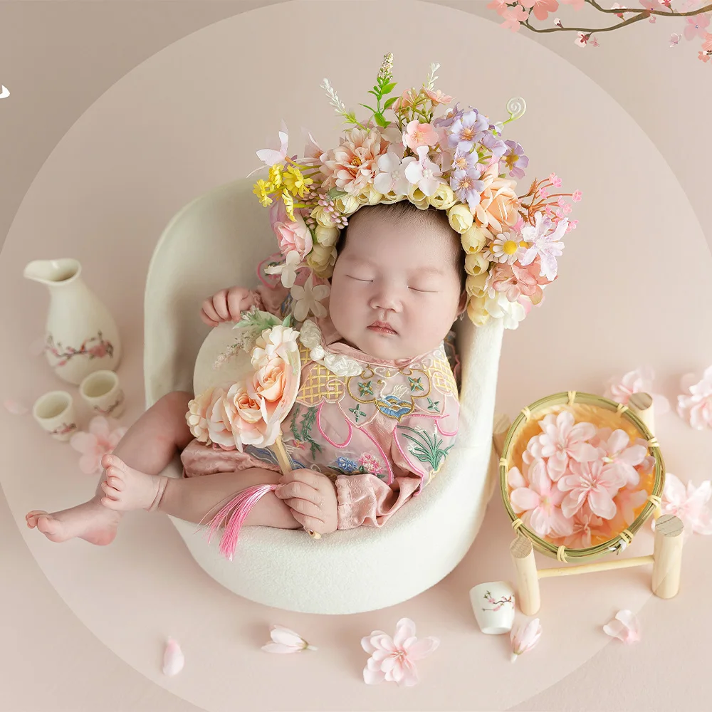 Baby Girl Newborn Photoshoot Outfits Pretty Chinese Elements Style Photography Clothing Bow Tiara Ethnic Style Flower Headdress