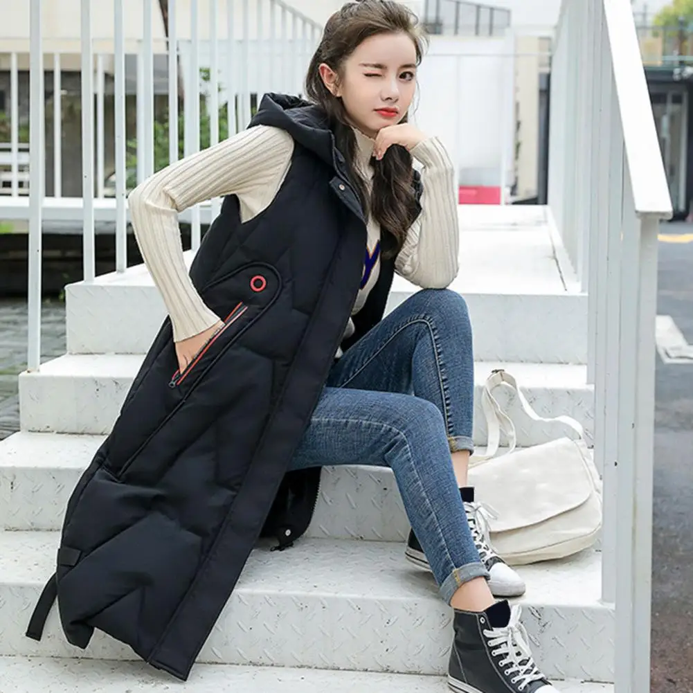 

Winter Women Waistcoat Thickened Padded Hooded Sleeveless Long Vest Coat Solid Color Windproof Heat Retention Outdoor Down Coat