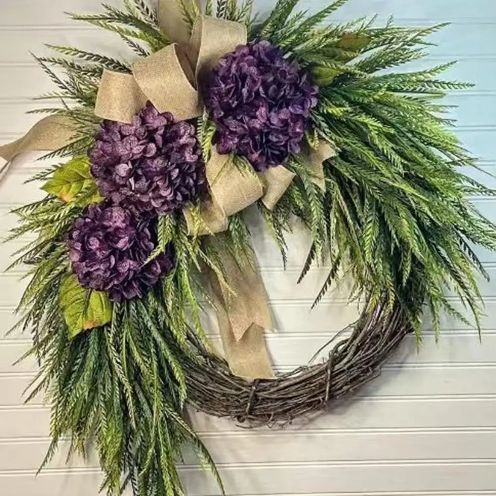 Rustic Hydrangea Wreath Decor Farmhouse Floral Garland with Bow Artificial Flower Wall Hanging for Home Door Wedding Decor