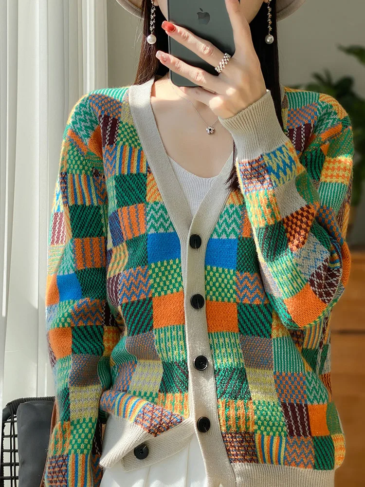 ADDONEE Autumn Winter Women Cashmere Sweater V-neck Plaid Colorful Cardigan 100% Merino Wool Knitwear Korean Popular Clothing