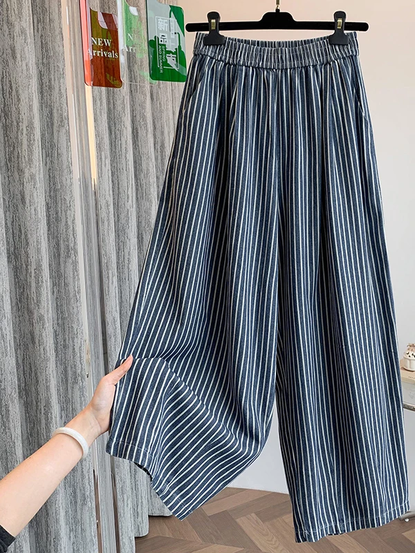 

Лето 2025 г., широкие брюки Faion, свободные повседневные брюки в вертикальную полоску, большие размеры, женские художественные брюки в синюю полоску, свободные для похудения...