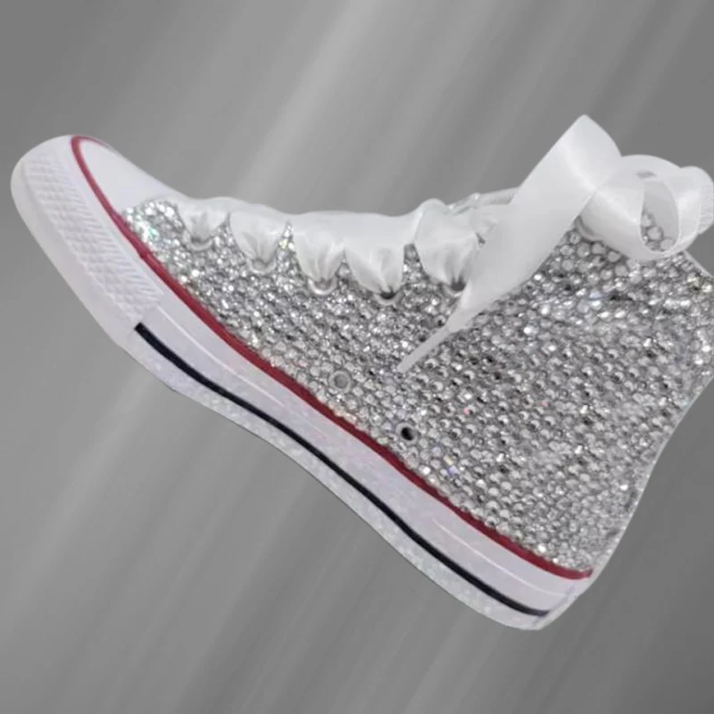 High-top canvas shoes white ribbon rhinestone comfortable walking shoes handmade rhinestones neutral vulcanized shoes 35-46