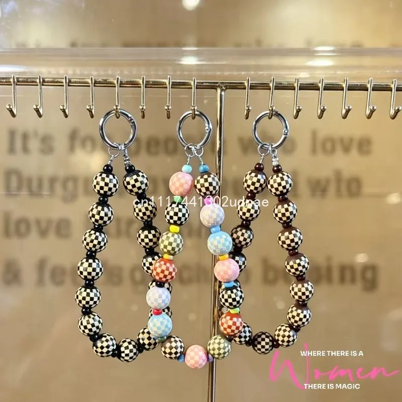 Original Wooden Plaid Beaded Phone Chain, Phone Charm, Bag Keychain Fashion Accessory