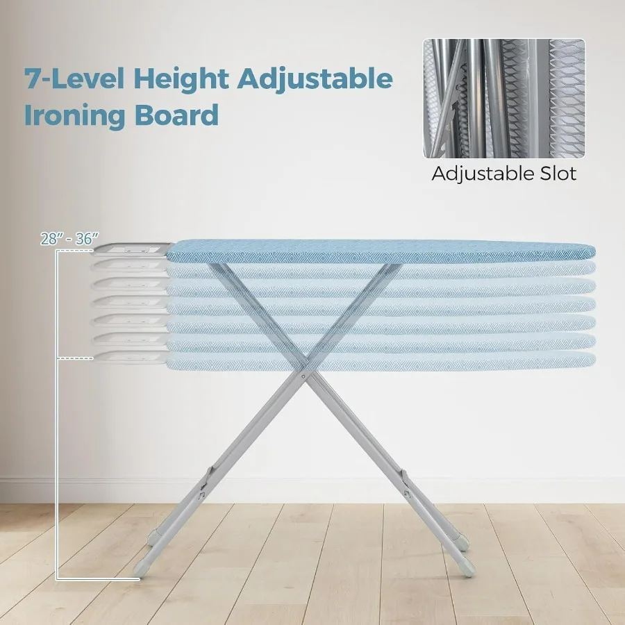 لوح كي بالحجم الكامل، حامل حديد قابل للطي مقاس 57 بوصة × 15 بوصة مع ارتفاع 7 مستويات قابل للتعديل، غطاء كي مقاوم للحرارة، شديد التحمل