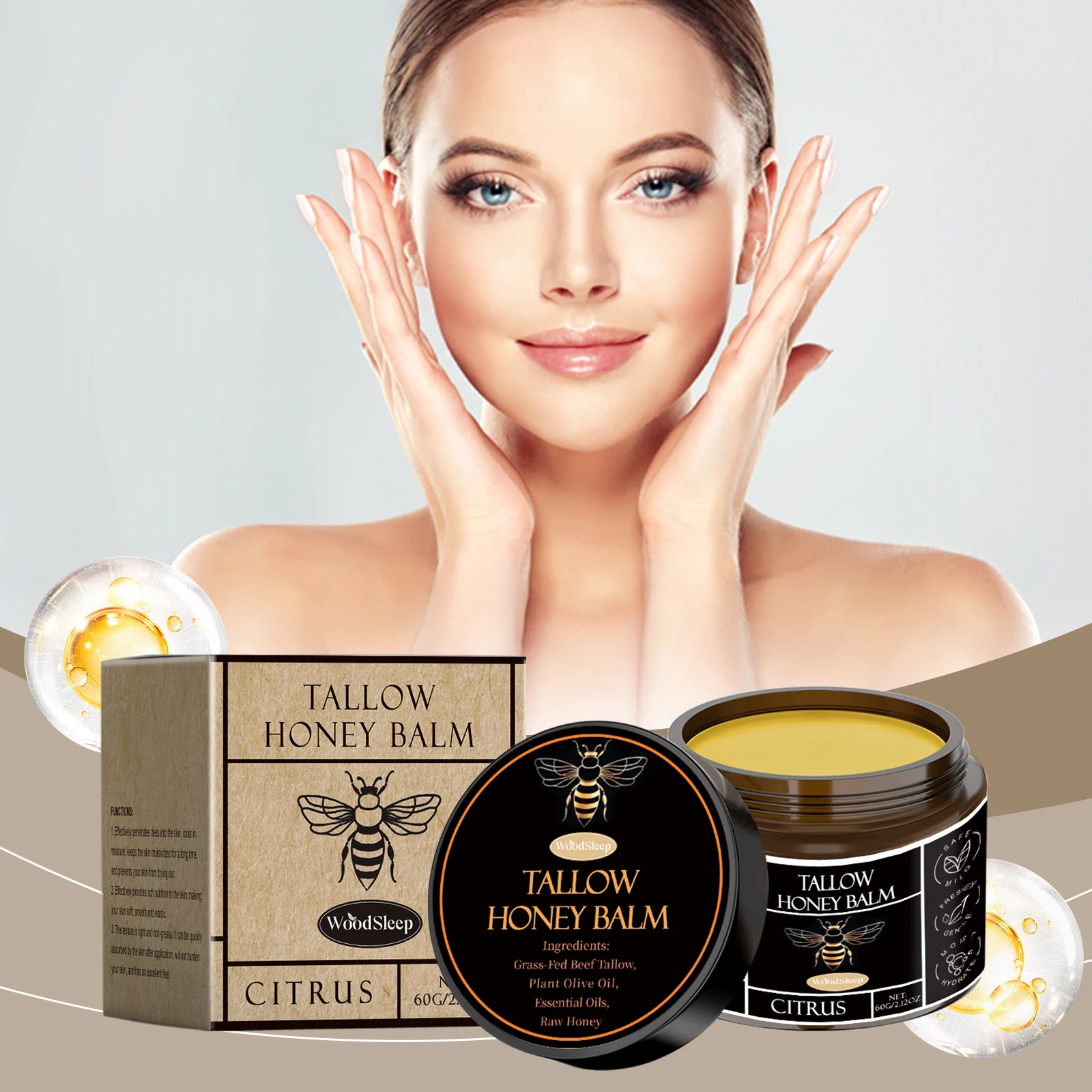 Grass Fed Beef Tallow Balm Soft Smooth Skin Remove Wrinkle Brighten Improve Elasticity Dullness Firming Honey Moisturizing Cream