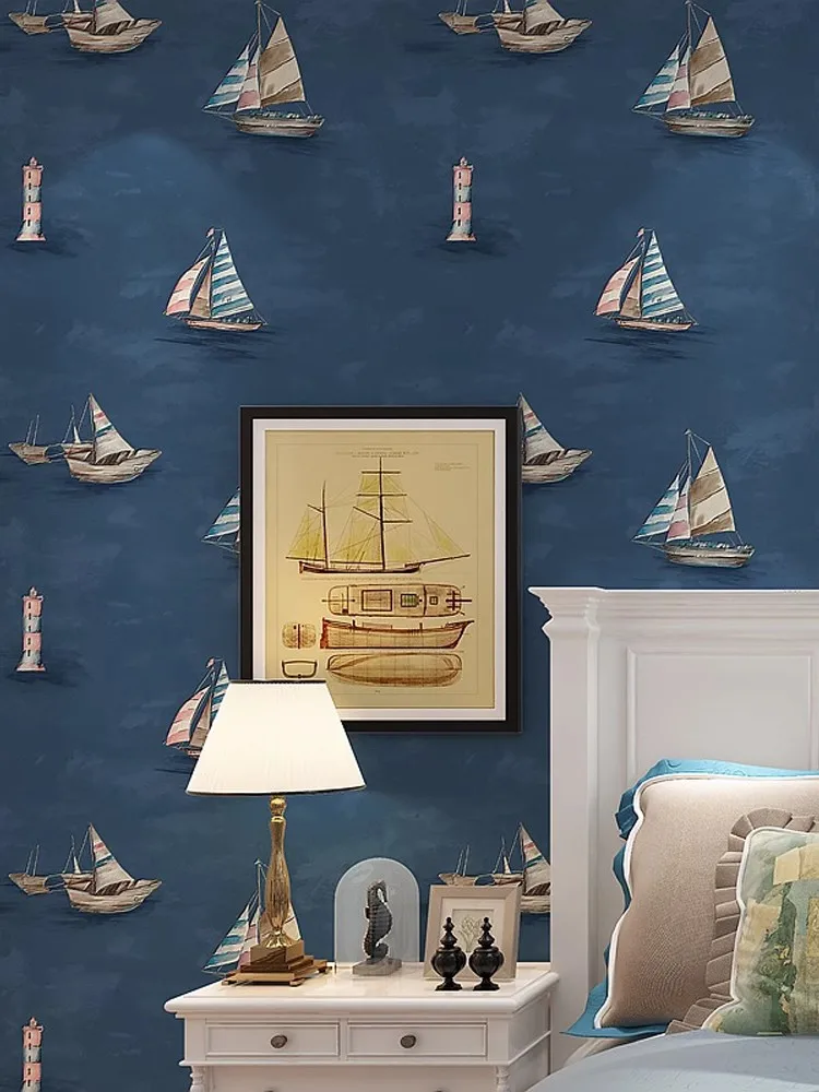 

PAYSOTA Mediterranean Blue Ocean Wallpaper Cartoon Boat cChildren's Bedroom Simple Non-Woven Decorative Background