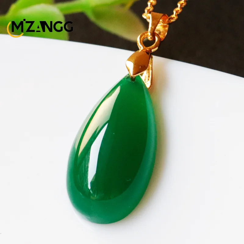 Natural Agate Drop Pendant Green Chalcedony Necklace Fashion Luxury Jewelry for Girlfriend Mother Holiday Gift