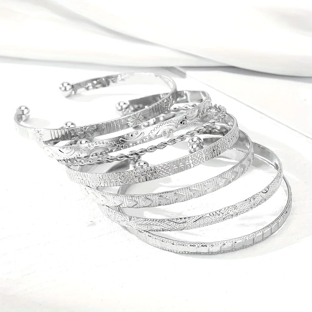 Boho Multi Pattern Engraved Open Cuff Stackable Bangles 7 Pack, Gold Silver Two Tone Minimalist Bracelets Fashion Beach Vacation Wrist Jewelry for Women