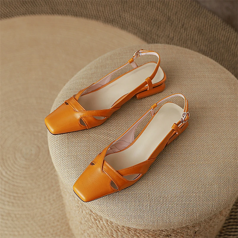 Meotina Women Genuine Leather Slingbacks Pumps Square Toe Thick Mid Heels Buckle Ladies Fashion Shoes Summer Orange Beige 43