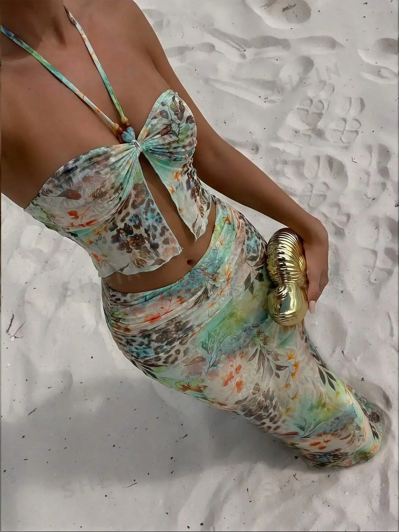 Women 2Pcs Floral Leopard Print Beach Outfit Halter Tie Cutout Crop Top Long Mesh Wrap Skirt Summer Vacation Cover Up Set
