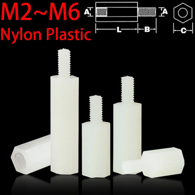 30-50PcsMale to Female NylonStandoff M2 M2.5 M3 M4*L+6mm/M5*L+7mm/M6*L+8mmWhitePCB Standoff Spacer Column Plastic Spacing Pillar