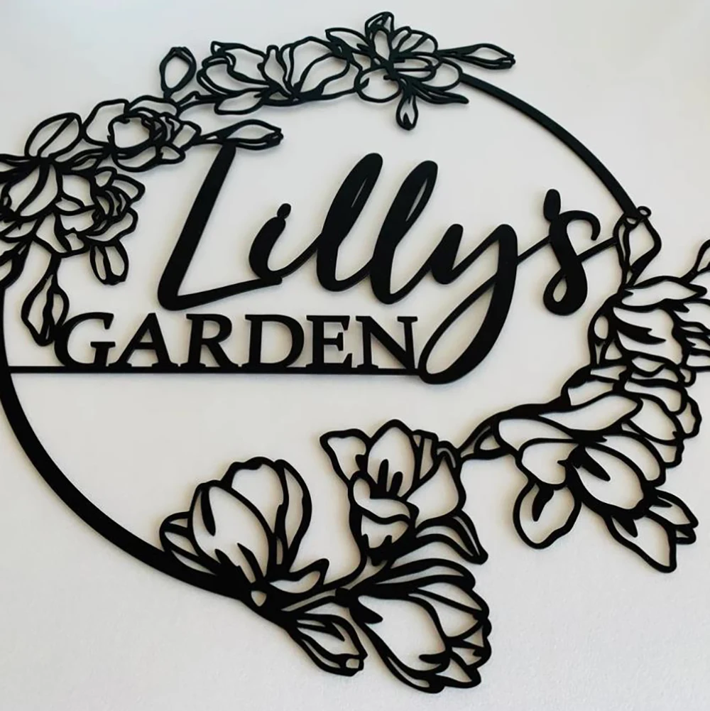 Personalized Garden Name Sign Custom Metal Wall Art Gift for Gardeners Decoration Hanging Outdoor Decorative Floral Sign Board