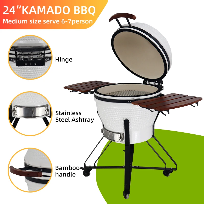 24inch  White Classic Pattern Kamado Grill with Bamboo Handles and Tables