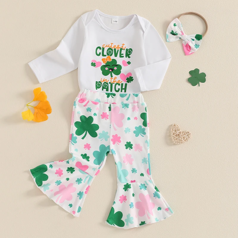 Adorable Baby Girls Spring Ensemble featuring Bow Headband Shamrock Letter Pattern and Crew Neck Long Sleeve Romper with