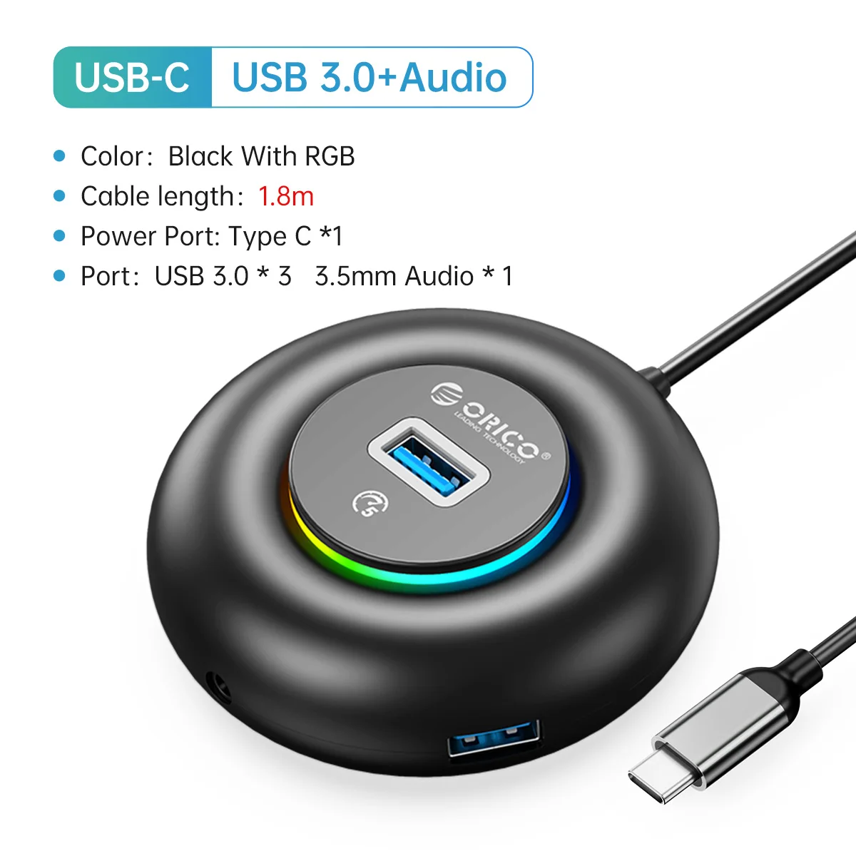 ORICO RGB USB HUB 4 Ports 3.0 Multi-USB-Splitter mit Typ-C-Ladeleistung Ultraschlanker OTG-Adapter für PC MacBook Pro Lenovo