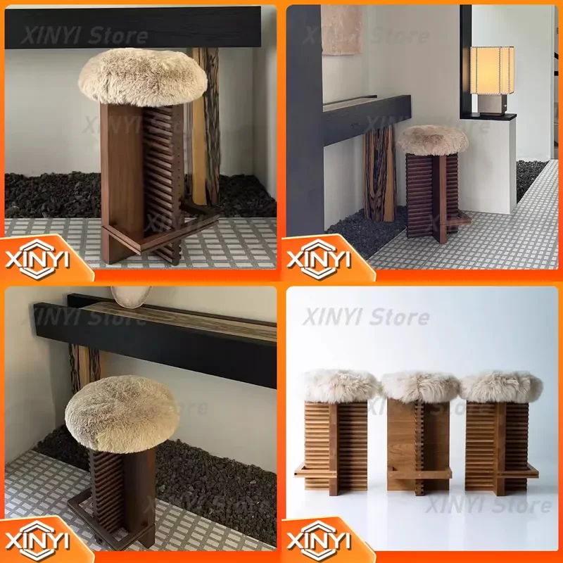 High Back Bar Stool for Household Medieval Style Lamb Wool Retro Bar Table Solid Wood Wabi Sandy Wind Island Bar Chair for J