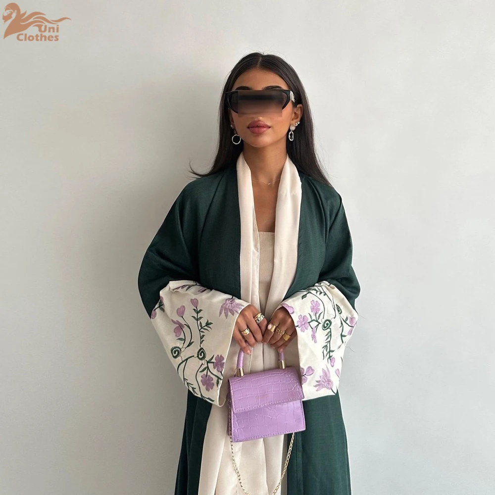 2024 Summer Ramadan Eid Floral Embroidery Open Modest Abaya Dubai Muslim Kimono Abayas For Women Kaftan Dresses Islamic Clothing