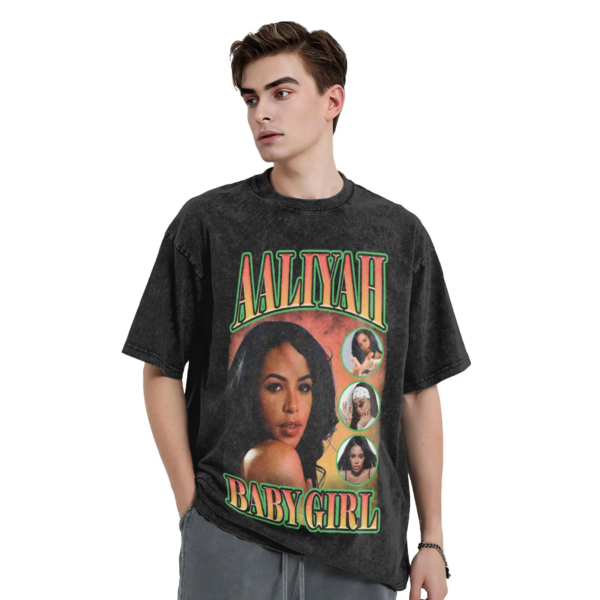 

Washed T Shirt Singer A-Aaliyah Baby Girl Hip Hop Vintage T-Shirt Harajuku Streetwear Short Sleeve Graphic Tees for Men Women