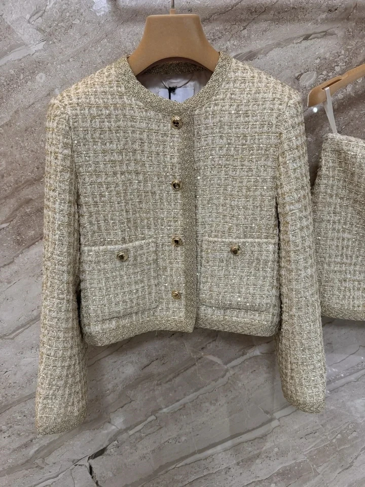 2024 Early Spring New Champagne Gold Button Round Neck Coarse Woolen Long sleeved Coat+A-line Mini Short Skirt Two Piece Set