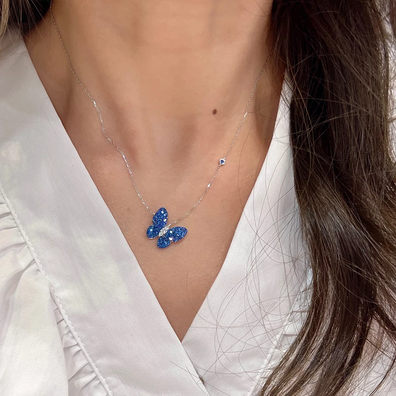Aazuo Luxurydesign 18K White Gold Natural Ruby Blue Sapphire Buterfly Pendent With Chain Necklace gifted for Women Au750 18 Inch - view 6