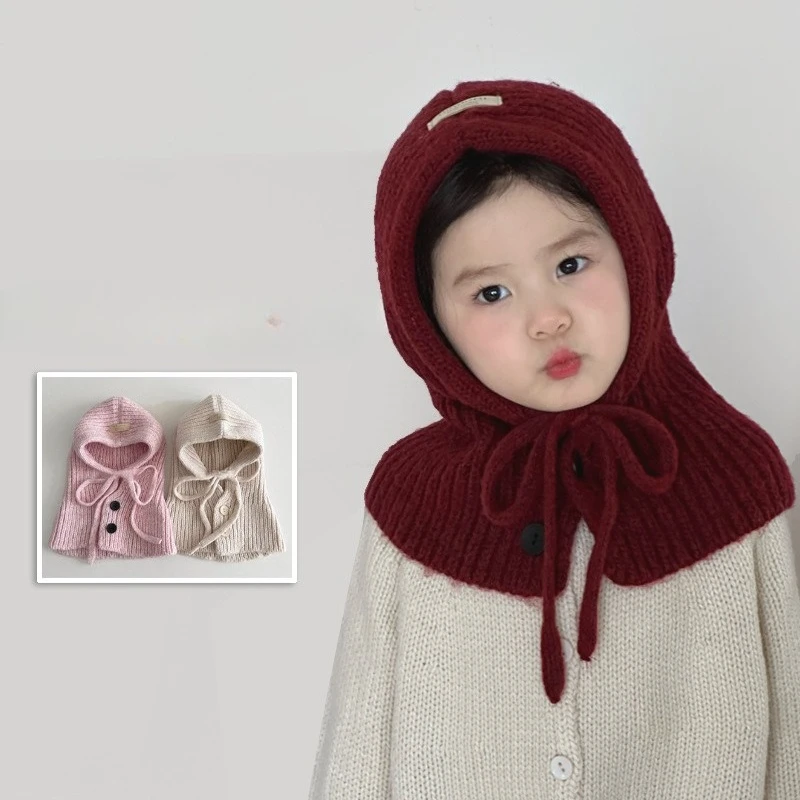 

Корейская детская шапка и шарф, зимняя шапка с защитой ушей 2-в-1, теплая Балаклава из акриловой пряжи для малышей