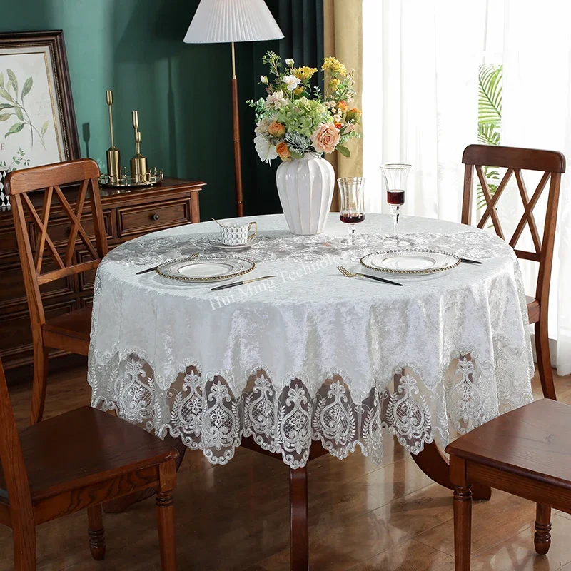 Table Cloth Round Table Golden Velvet White Table Cover Dining TableCloth Embroidered Lace House TableCloths Towel Dust Cover