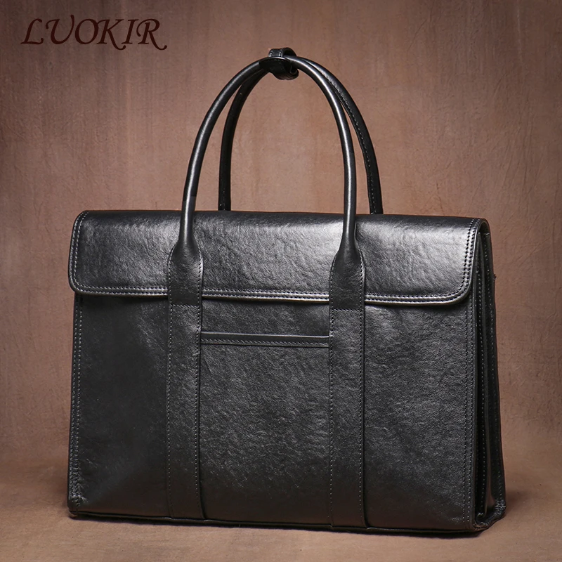 LUOKIR-maletín de cuero genuino para hombre, bolso de negocios de lujo para ordenador de oficina, bolso de viaje informal, bolsos de archivo para