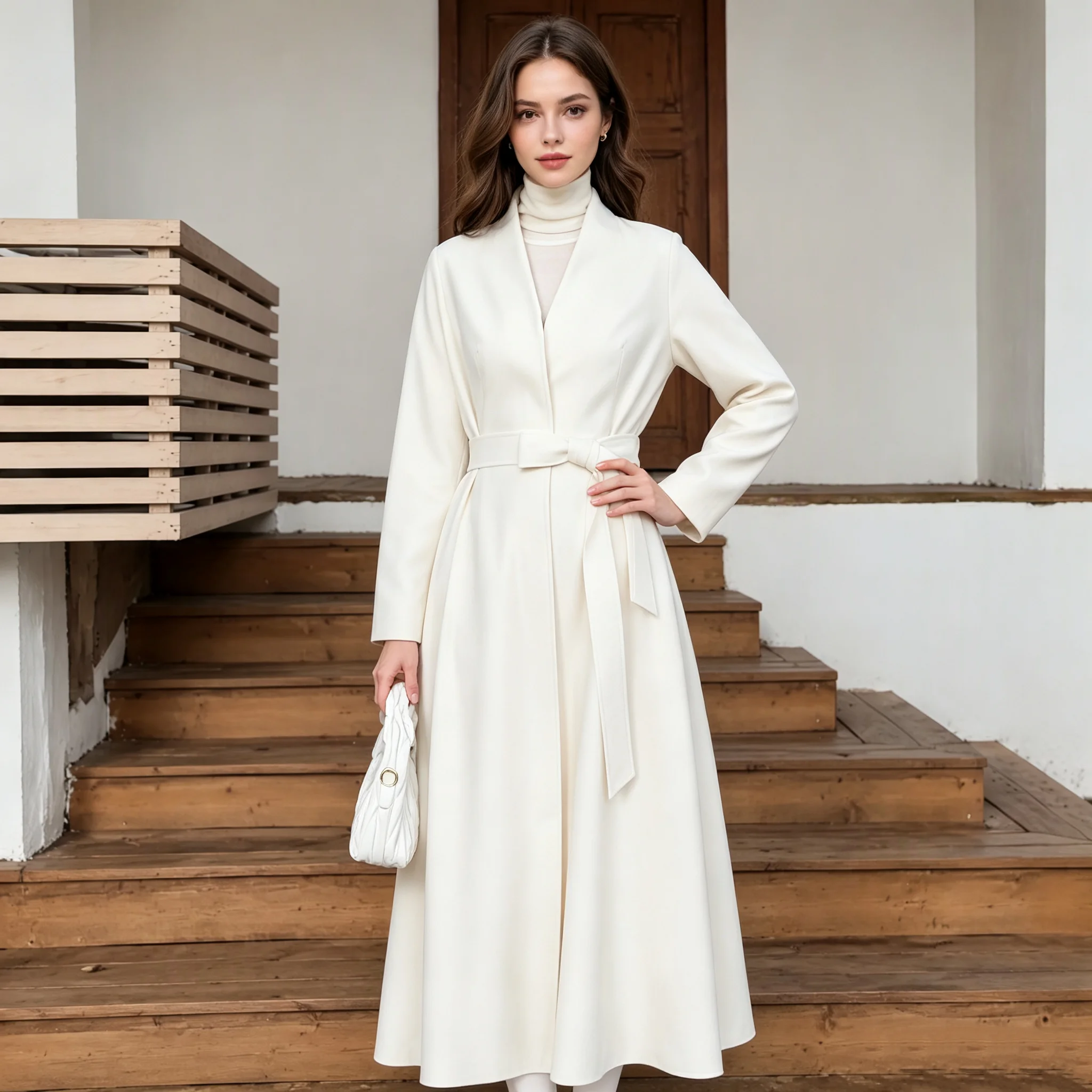 RU Women V Collar Wrap Maxi Coat Self Tie Belt Flared Hem Long Outerwear Autumn Winter Office Commuter Look