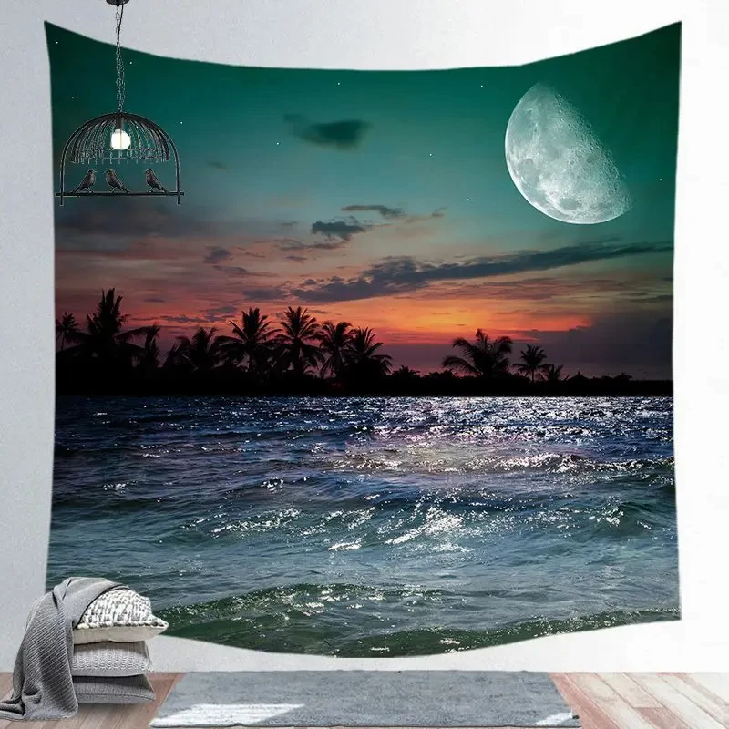 Moon Tapestry Starry Night Sky Wall Tapestry, Fantasy Nature Landscape Tapestries Wall Hanging for College Dorm Living Room