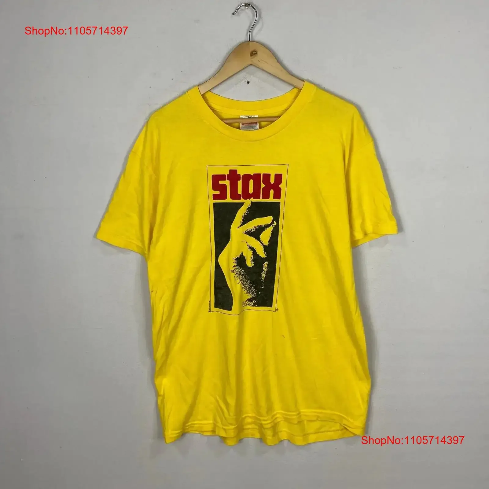 T-shirt vintage Stax Records Soul Blues Hiphop Record Label jaune taille L, délavé, décontracté, extensible, vêtements de créateur