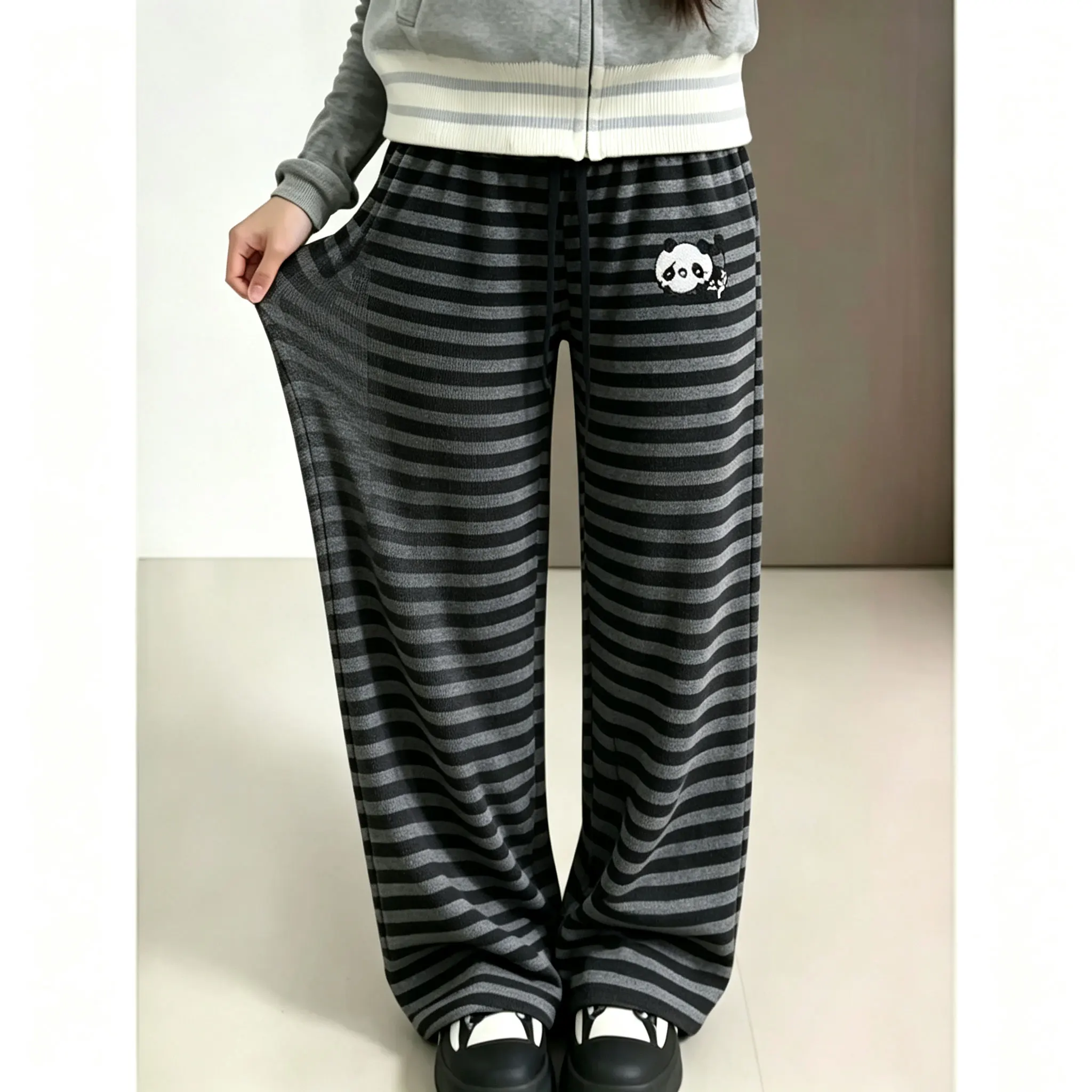 Cartoon Japanese Y2k Cartoon Embroidery Striped Shorts Women Summer Casual High Waist Straight Pants Vintage Versatile Trousers