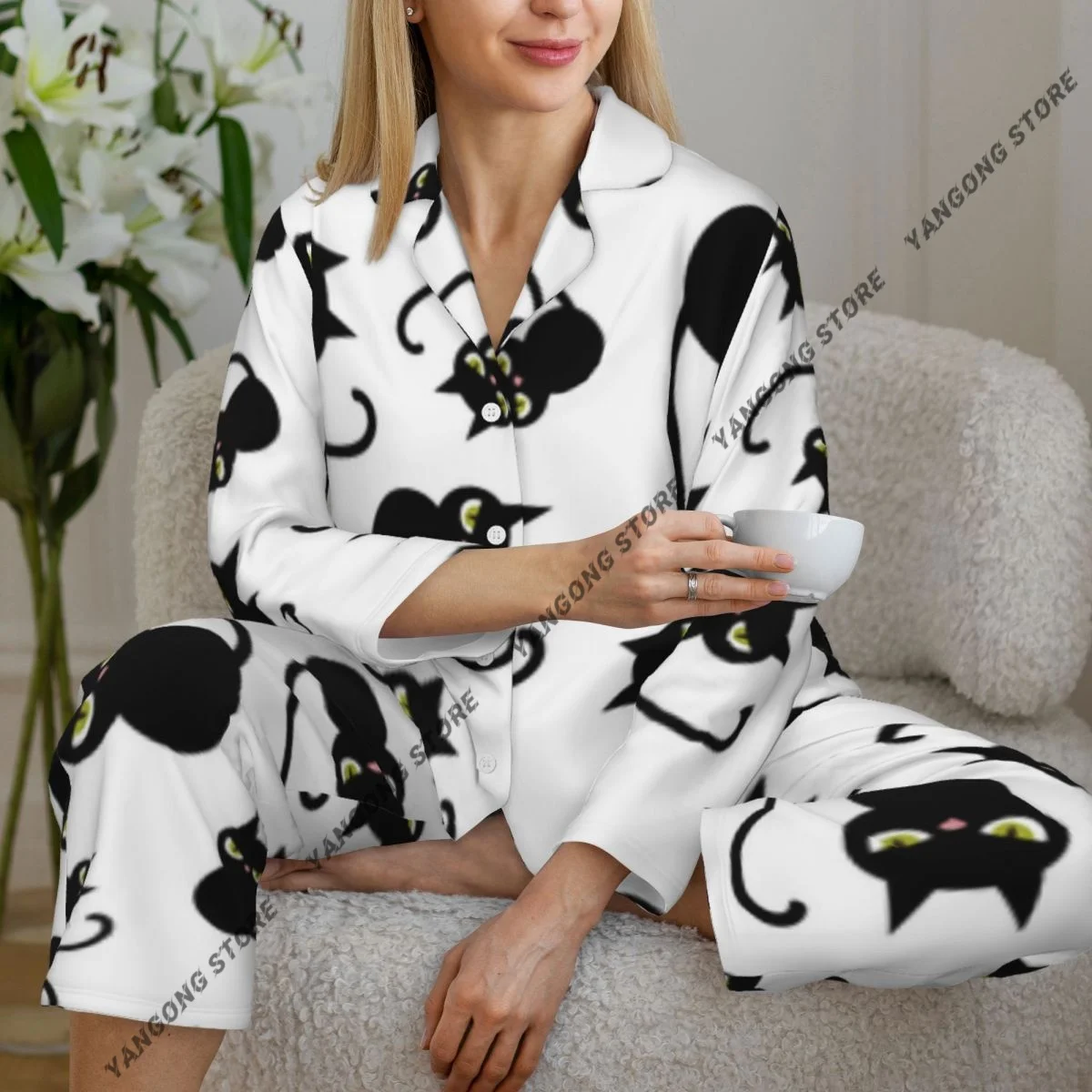 

Women Sleepwear Pajamas Black Cats Characters Pattern Long Sleeve Pijama Female Set Negligee Cardigan Suit
