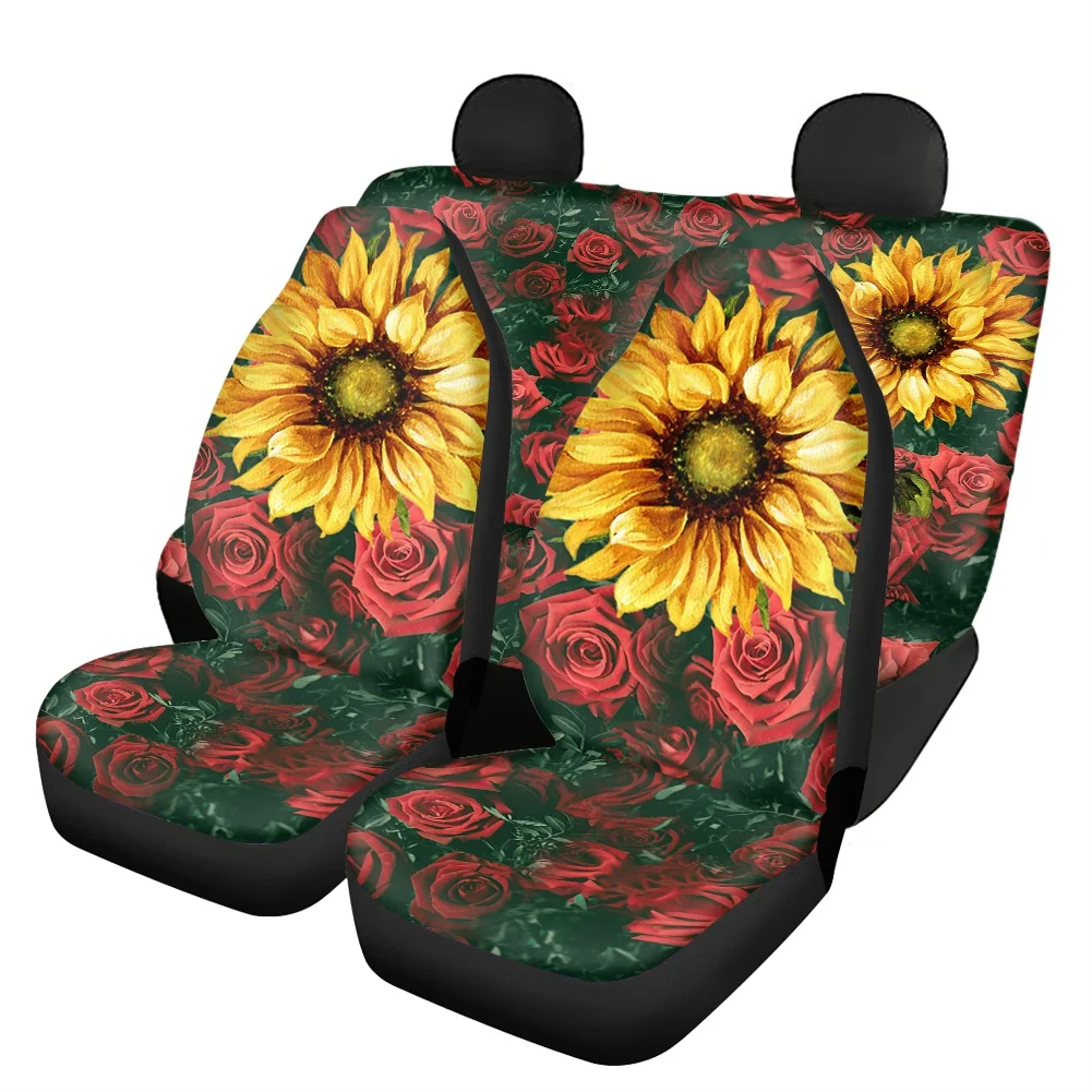 

INSTANTARTS Sunflower with Rose Print Washable Floral Car Seat Covers Non-skid Front&Rear Car Seat Cushion Universal Seat Covers