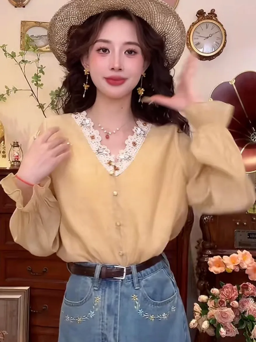 

Ele V-Ne Long Sve irt Women's Loose Faion Design Korean Sle Commute Polyester Fiber Summer New Arrival