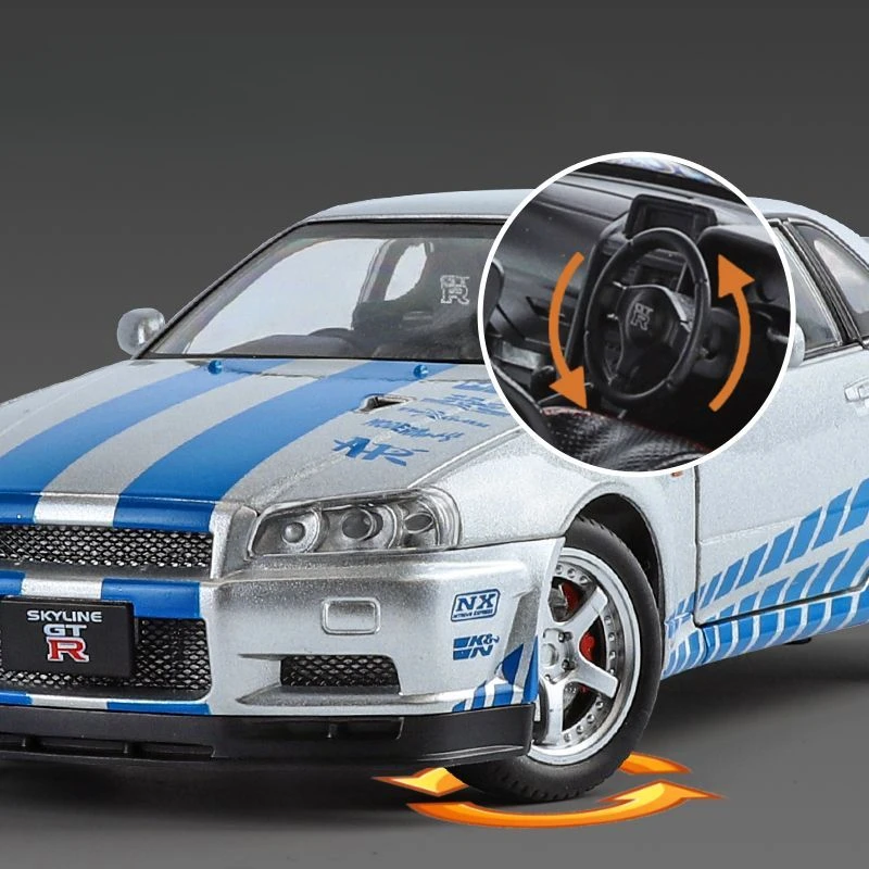 1:24 Nissan GTR R34 Skylin Fast & Furious Liga Modelo de carro Som e luz puxar para trás brinquedo infantil colecionável presente de aniversário