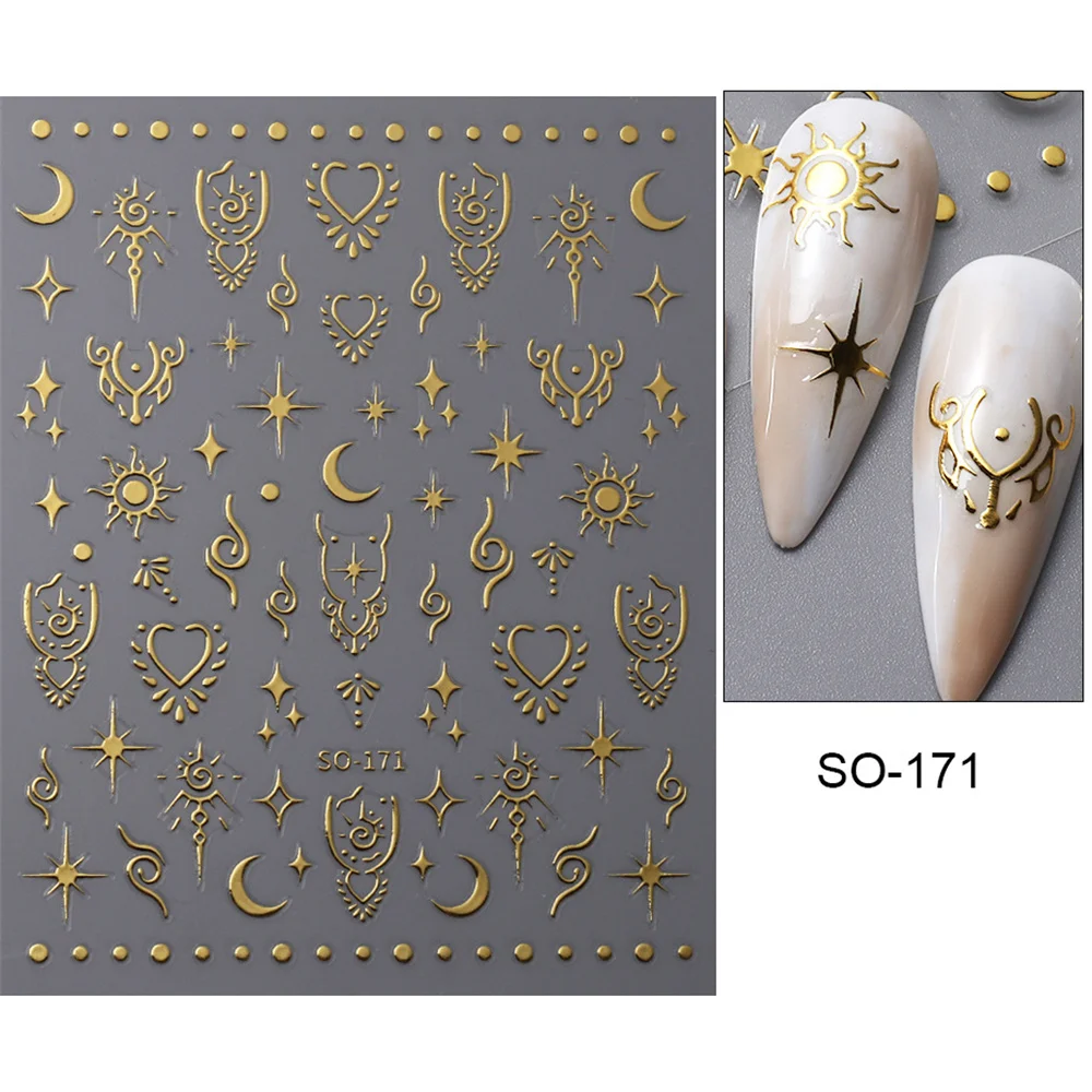 Autocollants pour Ongles Plaqués Or, Style Bohème, Soleil, Lune, Étoile, Vintage, Totem, Miroir, Visage, Design, Décorations Artistiques