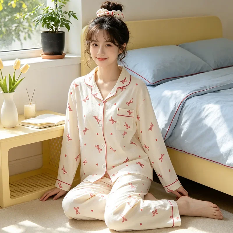 Korean-Style Light Luxury Cloud Cotton Bow Pajamas for Women, Autumn Long-Sleeve New Homewear, Loose Women's Outfit Set