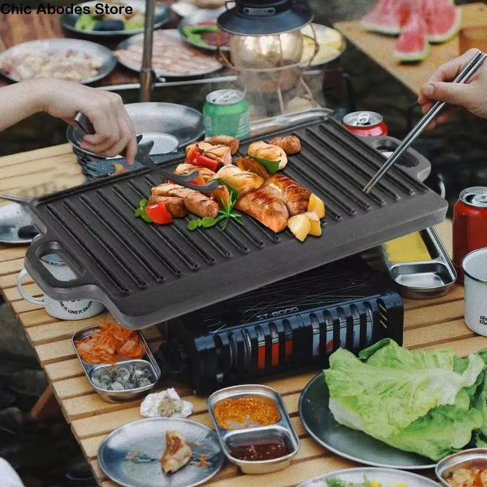 

Двусторонняя чугунная сковорода прямоугольной формы с полосатой поверхностью, сковорода для барбекю, бытовая антипригарная сковорода для гриля