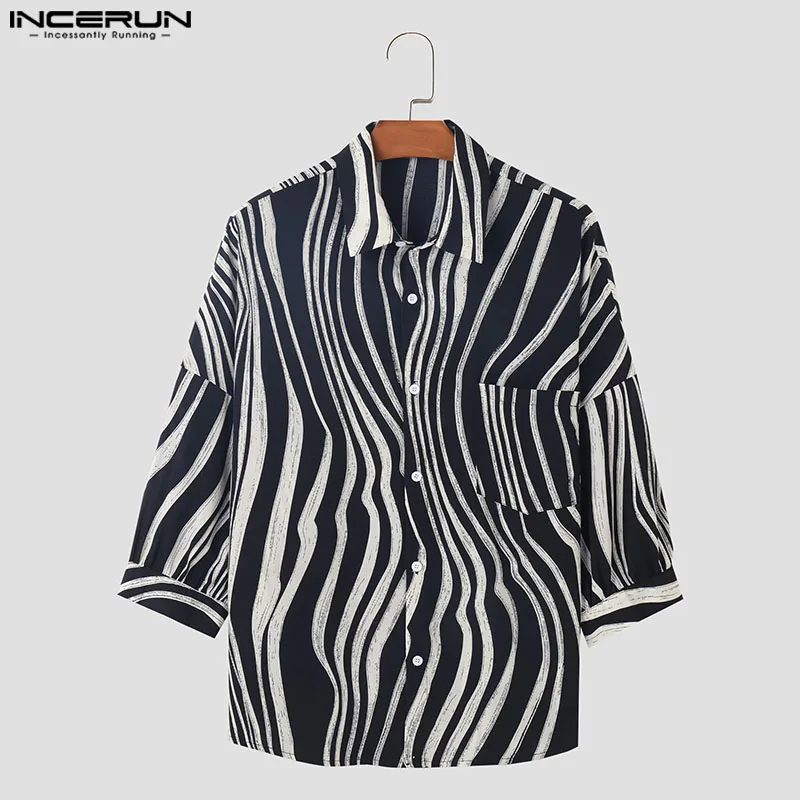 INCERUN-camisa con solapa estampada para hombre, ropa holgada de estilo coreano, informal, a la moda, para verano, 2024