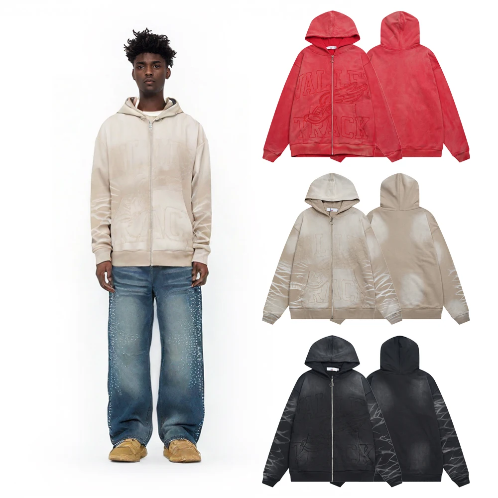 

New Winter Y2k Hoodie Streetwear Hip-hop Street Style Embroidery Sweatshirt with Zipper Hoodies Cotton Distressed Men's Clothing