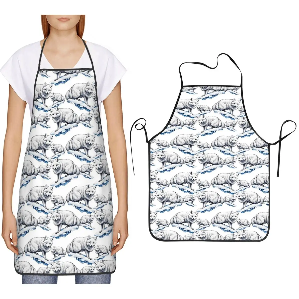 

Wolves In The Snow Pattern Winter Apron Chef Cooking Baking Tablier Bib Kitchen Cleaning Pinafore for Women Men Painting