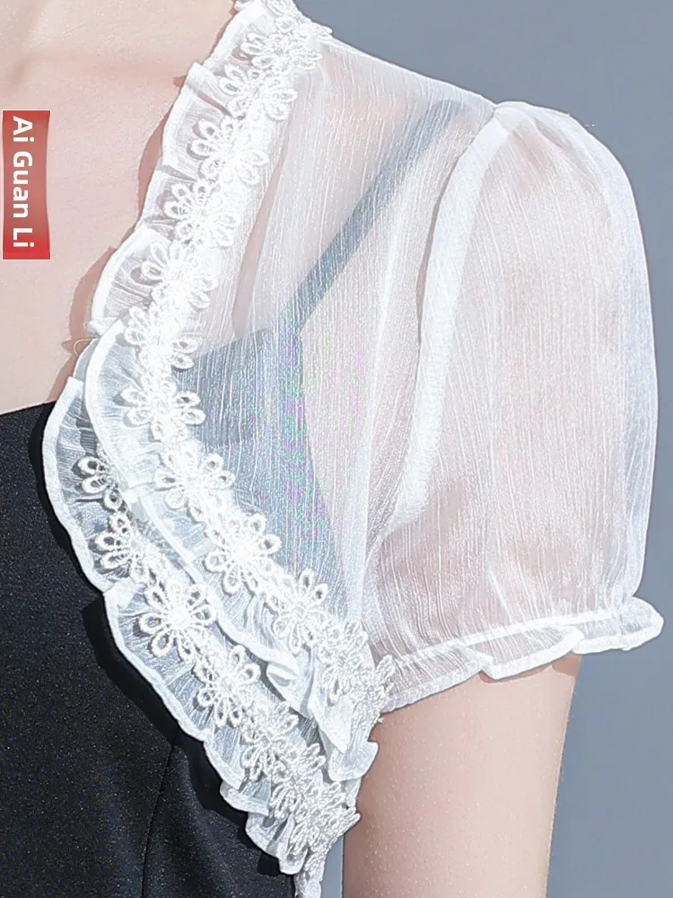 

Chiffon ort Open Cardigan Women's Summer Svel Outerwear Ultra-Thin Bubble-Sve Top V-Ne High Waist pe Polyester...