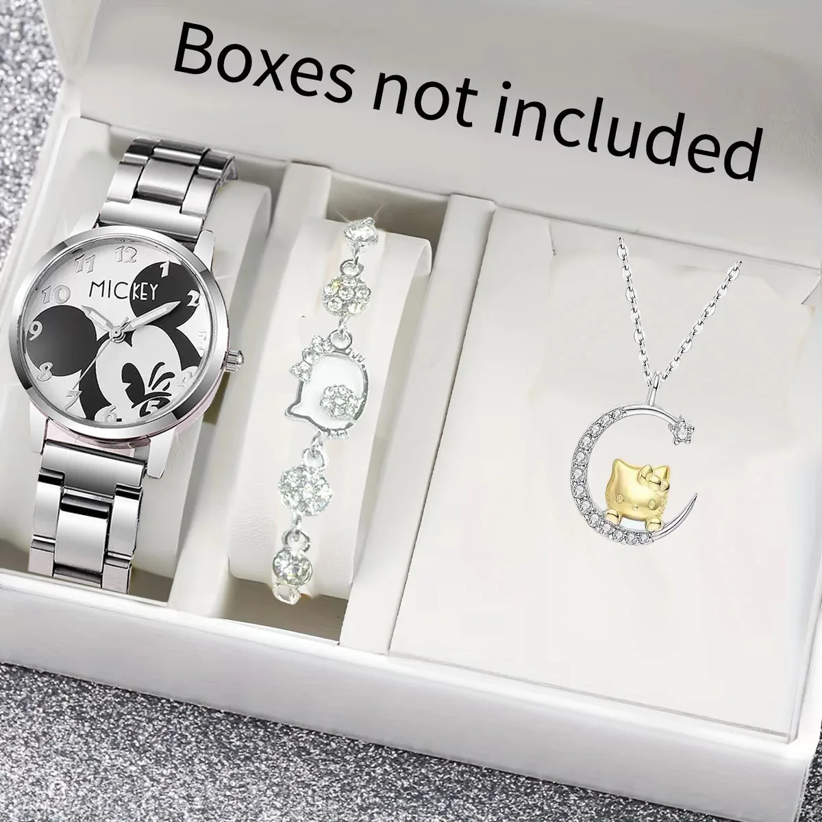 Jam Tangan Wanita Disney Mickey 3 Buah/Set Jam Tangan Kuarsa Tali Baja Bercahaya Penunjuk Mickey Mouse Kartun Kalung Gelang Hello Kitty