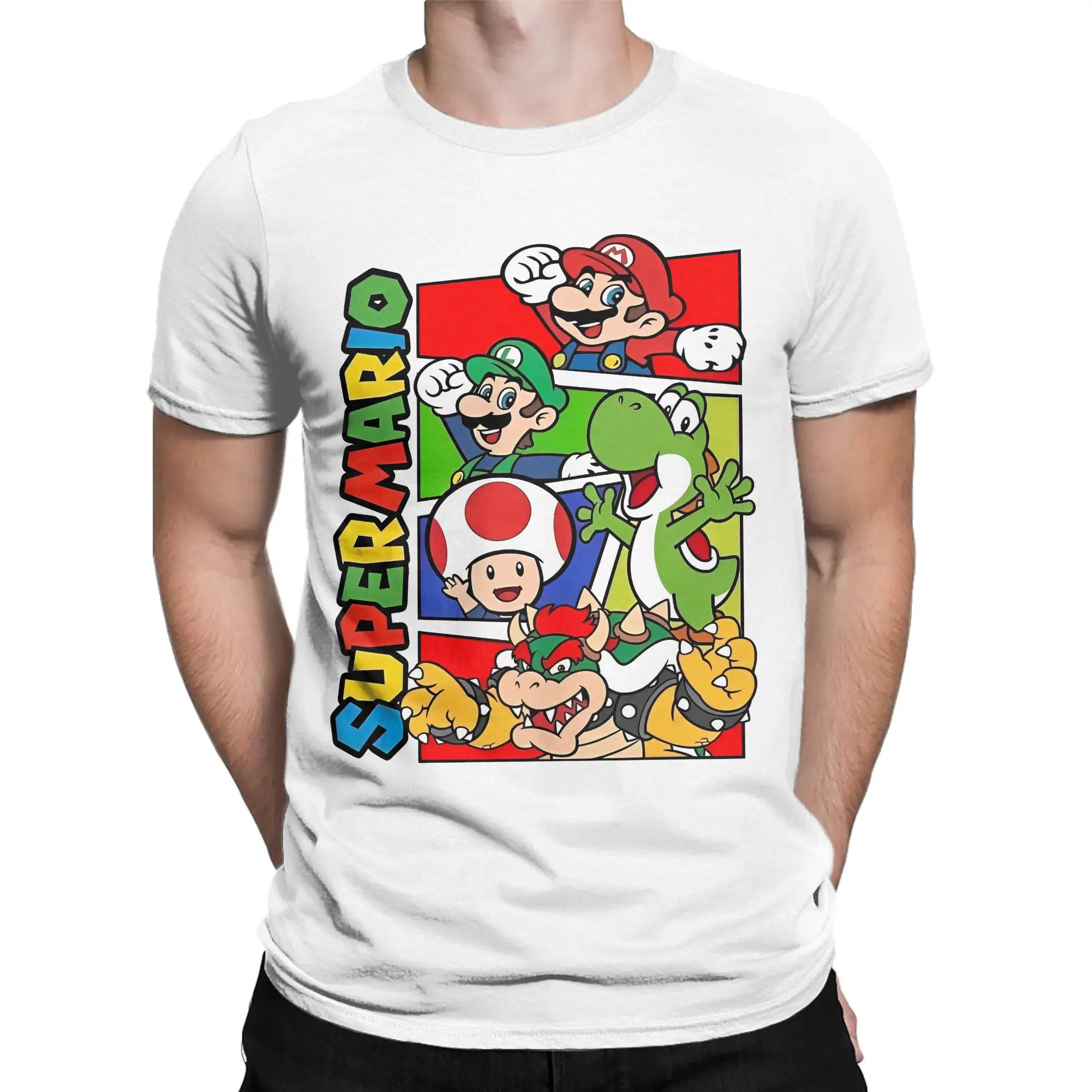 Vintage Funny M-Marios Game T Shirt Men's O-neck Short Sleeve Tops Shirts Super M-Marios Cartoon Cotton Summer Clothes