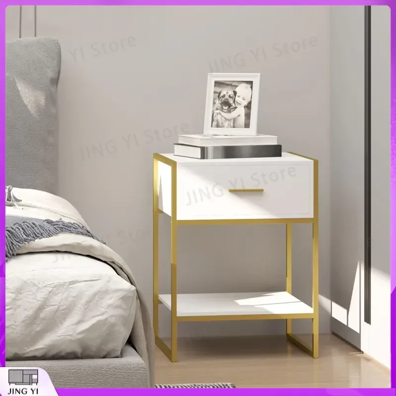 Modern Bedside Table Nightstand with Drawer and Shelf White Gold Finish Bedroom Furniture Storage Side Table for Small Spaces